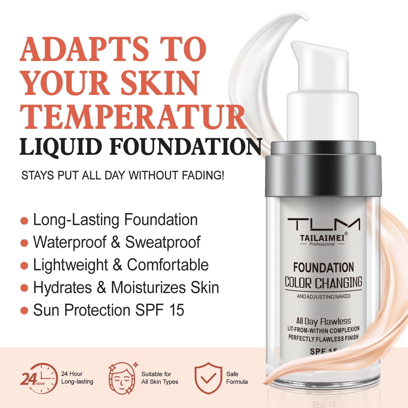 TLM Flawless Colour Changing Warm Skin Tone Foundation Makeup with Foundation Brush Makeup Brush,Long Lasting Waterproof Lightweight Liquid Foundation