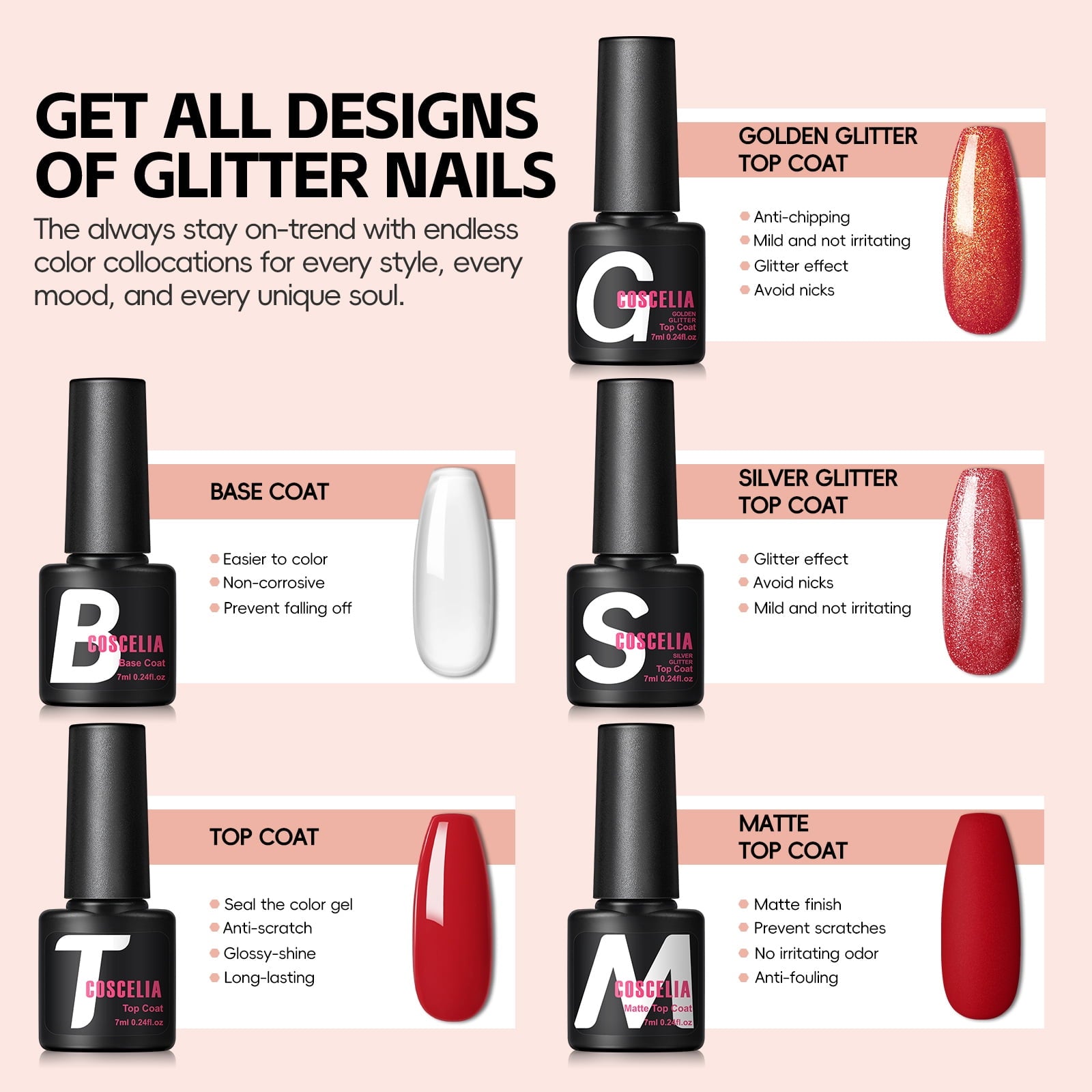 COSCELIA 60PC Gel Nail Polish Set Red Nude Pink Glitter Colors Multiple Top Base Coat Nail Art Salon at Home Gift for Women