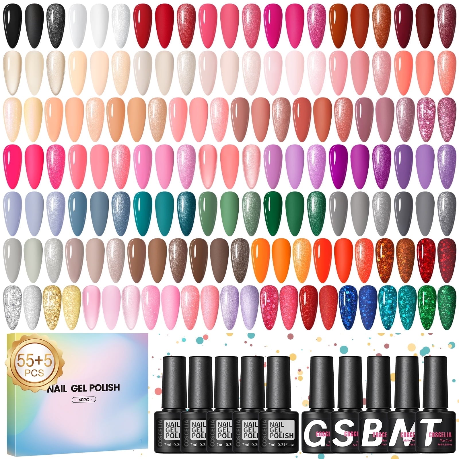 COSCELIA 60PC Gel Nail Polish Set Red Nude Pink Glitter Colors Multiple Top Base Coat Nail Art Salon at Home Gift for Women